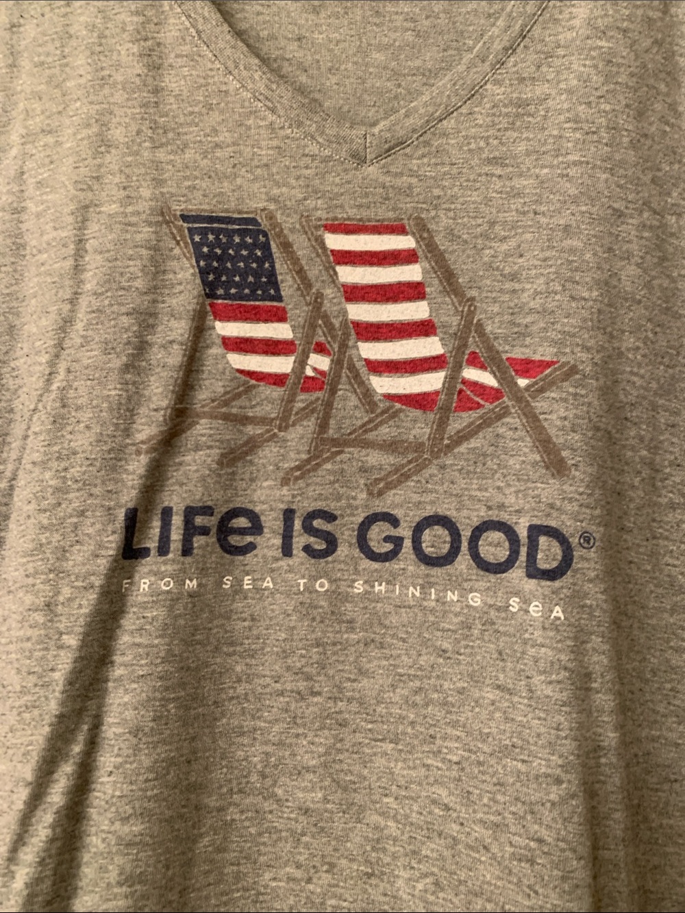 Life Is Good Gray Tee with American Flag Beach Chairs